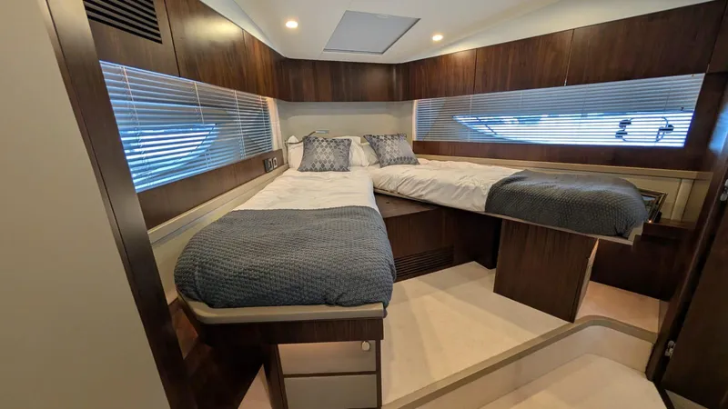In Stock Yacht Photos Pics Luxurious cabin interior of 2025 Fairline Targa 45 GT yacht with twin beds.