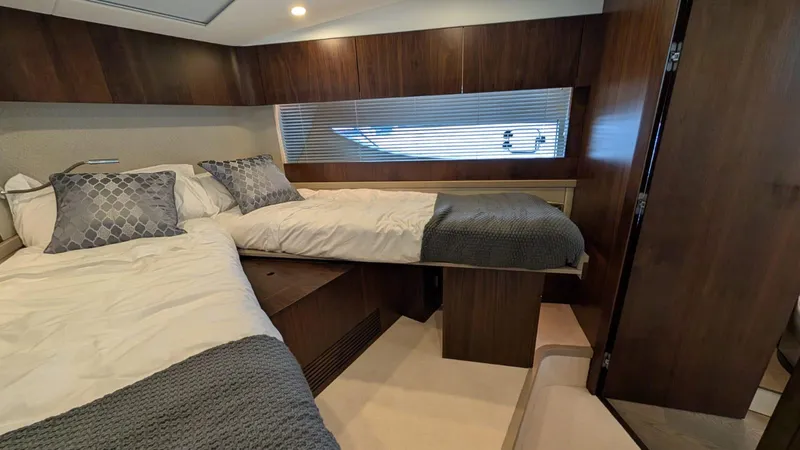 In Stock Yacht Photos Pics Luxurious cabin interior of 2025 Fairline Targa 45 GT yacht with twin beds.