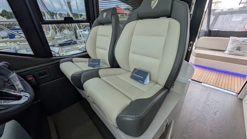 In Stock Yacht Photos Pics Interior of 2025 Fairline Targa 45 GT yacht with luxurious seating and modern design.