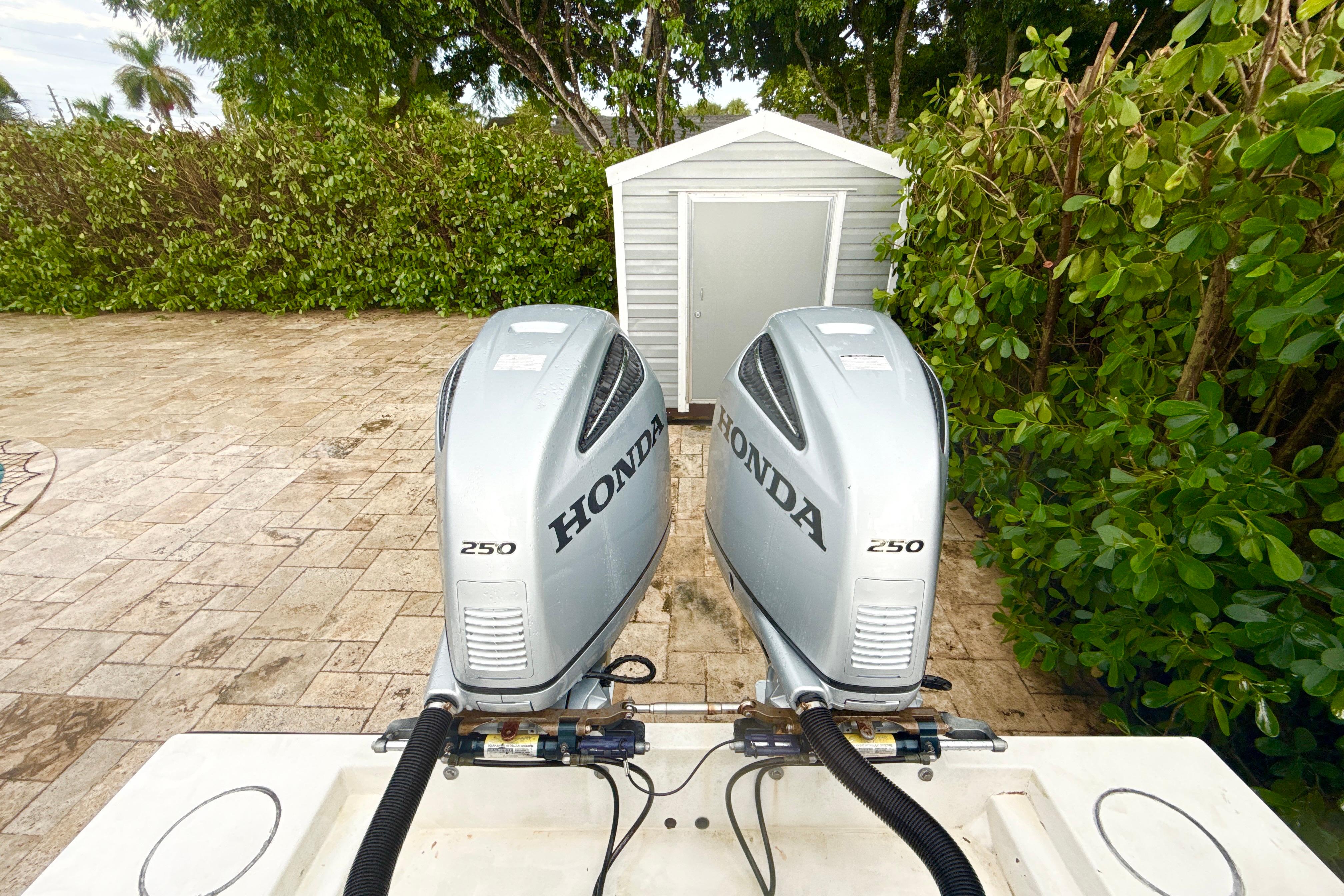 Twin Honda 250 outboard engines on a 2005 Contender 27 Open boat.