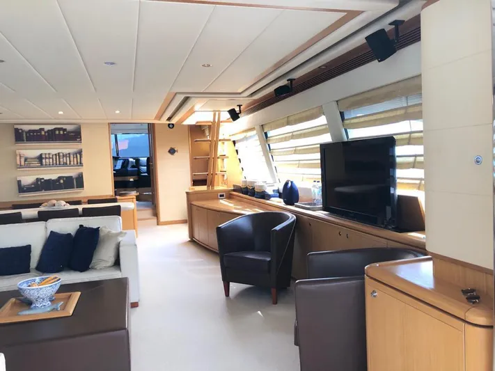 Mar Azul Yacht Photos Pics Luxurious interior of 2008 Ferretti Yachts 830 with modern furnishings and large windows.