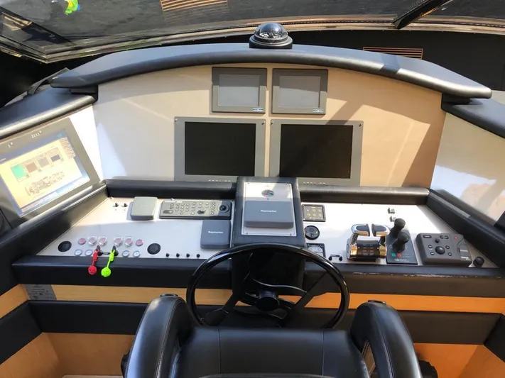 Mar Azul Yacht Photos Pics Cockpit of 2008 Ferretti Yachts 830 with navigation controls and display screens.