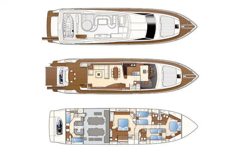 Mar Azul Yacht Photos Pics Floor plan of 2008 Ferretti Yachts 830, showcasing three levels with detailed interior layout.