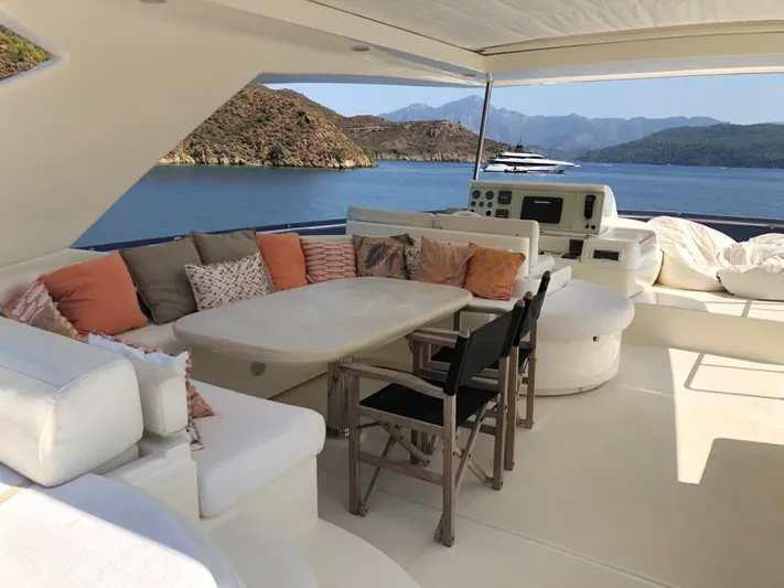 Mar Azul Yacht Photos Pics Luxurious 2008 Ferretti Yachts 830 with elegant outdoor seating and scenic ocean view.