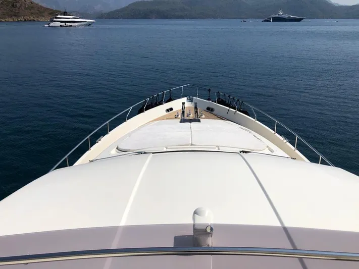 Mar Azul Yacht Photos Pics Bow view of 2008 Ferretti Yachts 830 cruising on calm waters.