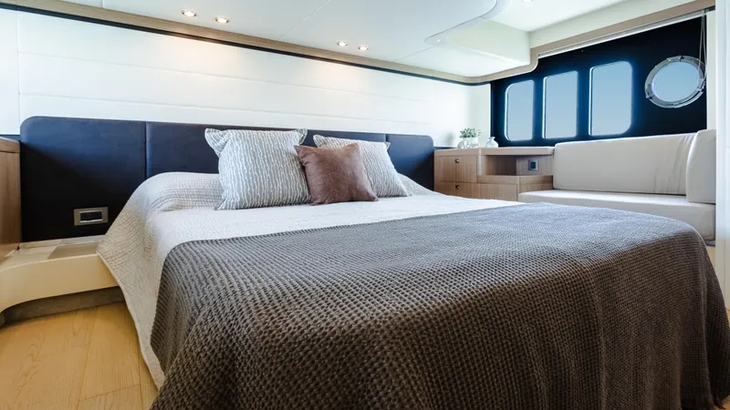O Sea D Yacht Photos Pics Luxurious bedroom interior of 2017 Absolute 50 Fly yacht with modern decor.
