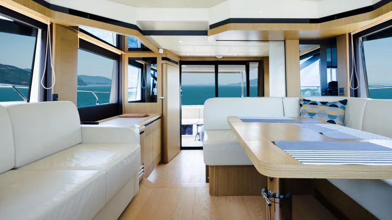 O Sea D Yacht Photos Pics Luxurious interior of 2017 Absolute 50 Fly yacht with modern seating and ocean view.