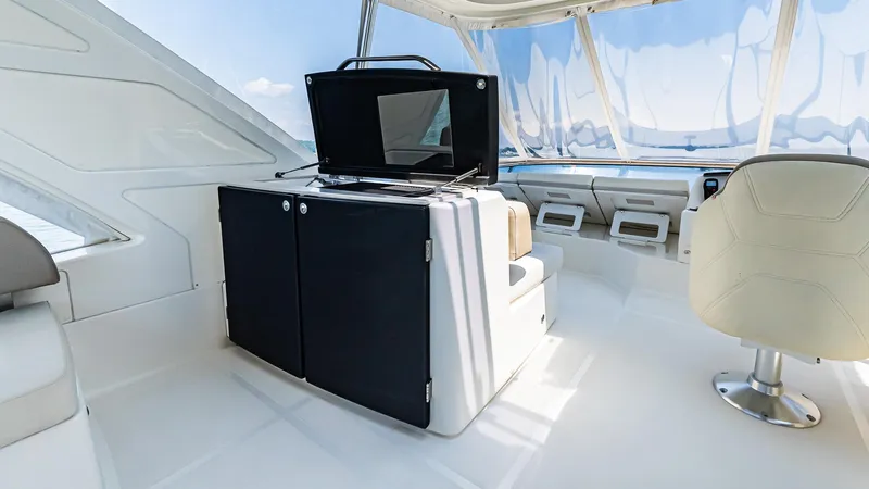 O Sea D Yacht Photos Pics Luxurious interior of 2017 Absolute 50 Fly yacht with modern seating and entertainment system.