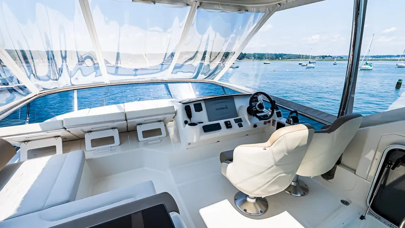 O Sea D Yacht Photos Pics Flybridge of 2017 Absolute 50 Fly yacht with scenic ocean view.