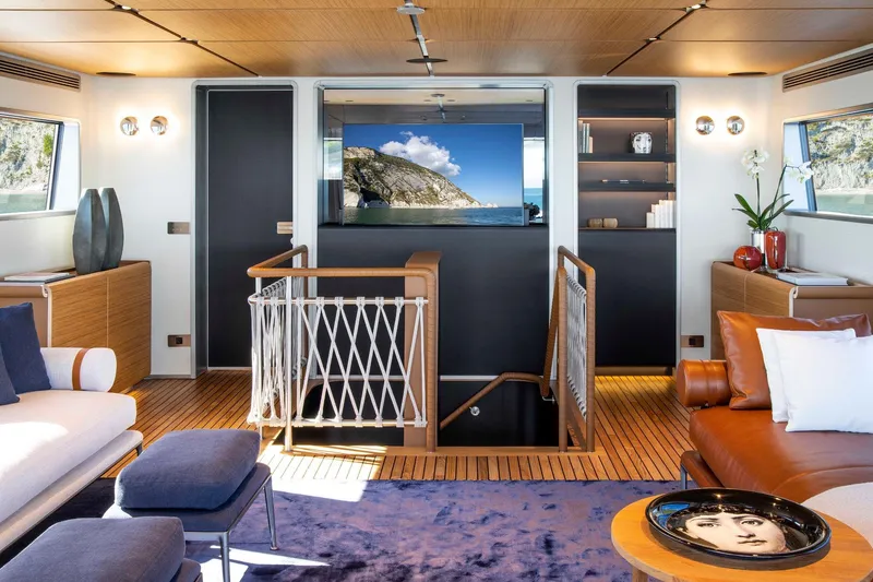  Yacht Photos Pics Luxurious interior of 2023 Custom Line Navetta 30 yacht with modern decor and elegant furnishings.