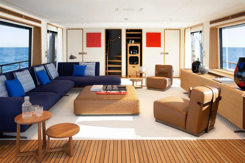  Yacht Photos Pics Luxurious interior of 2023 Custom Line Navetta 30 yacht with modern furnishings and ocean view.