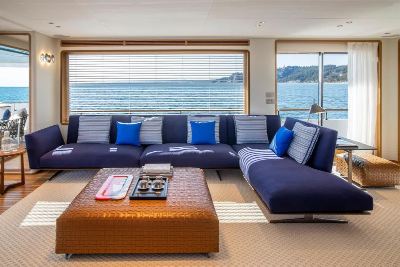  Yacht Photos Pics Luxurious 2023 Custom Line Navetta 30 yacht interior with ocean view and elegant seating.