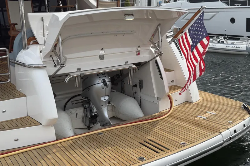 Habibi Yacht Photos Pics 2017 Belize 54 Daybridge yacht with open engine compartment and American flag.
