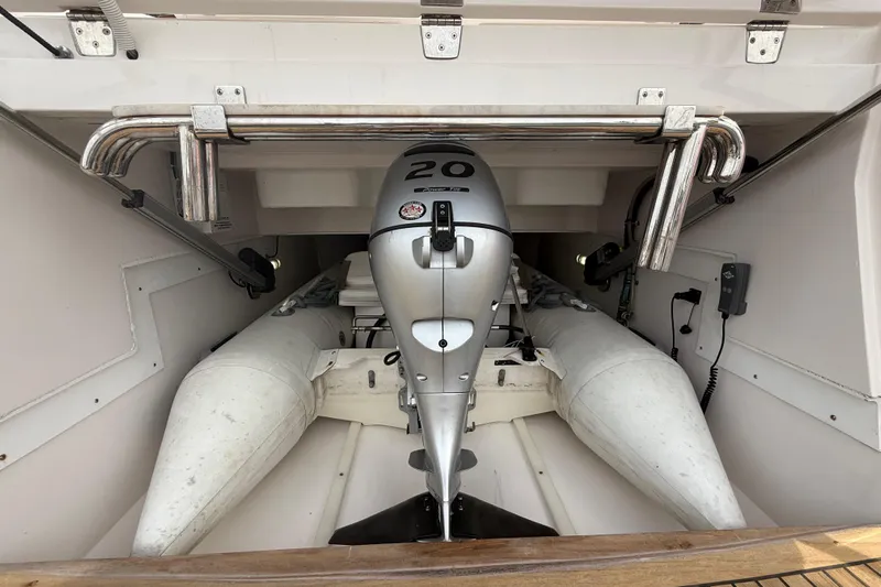 Habibi Yacht Photos Pics Inflatable boat with outboard motor stored on 2017 Belize 54 Daybridge yacht.
