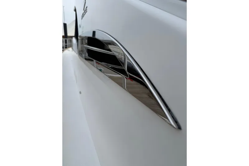 Habibi Yacht Photos Pics Close-up of 2017 Belize 54 Daybridge yacht's sleek chrome detailing.