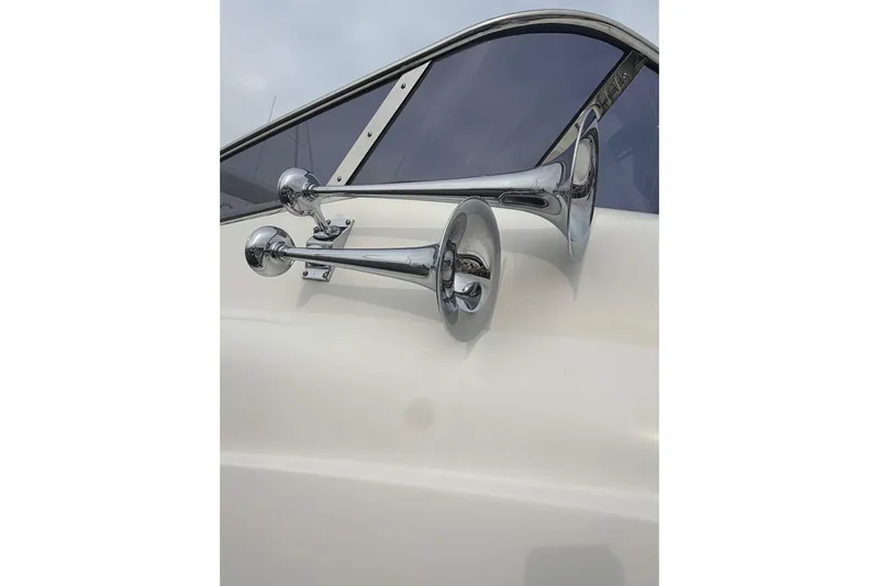 Habibi Yacht Photos Pics Chrome horns on a 2017 Belize 54 Daybridge yacht, mounted on the exterior.