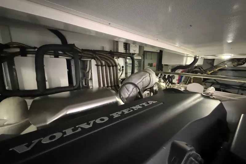 Habibi Yacht Photos Pics Engine room of a 2017 Belize 54 Daybridge yacht featuring a Volvo Penta engine.