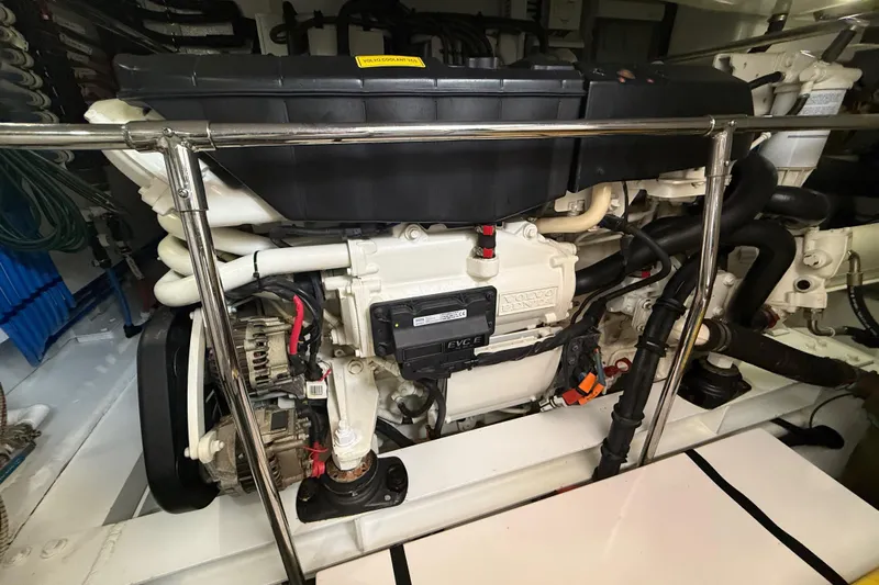 Habibi Yacht Photos Pics Engine room of a 2017 Belize 54 Daybridge yacht, featuring a Volvo Penta engine.