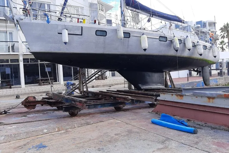 Espresso Yacht Photos Pics Sailboat "Southwell Sovereign 51" on dry dock for maintenance, 2019 model.