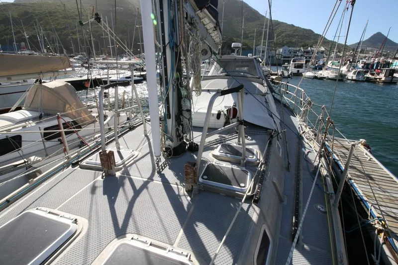 Espresso Yacht Photos Pics Sailboat deck view of 2019 Custom Southwell Sovereign 51 in marina setting.