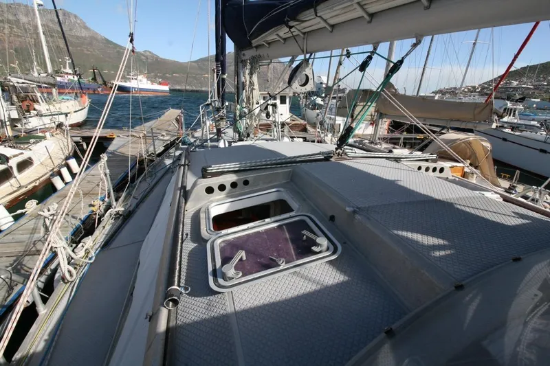Espresso Yacht Photos Pics Sailboat deck view of 2019 Custom Southwell Sovereign 51 docked in a marina.