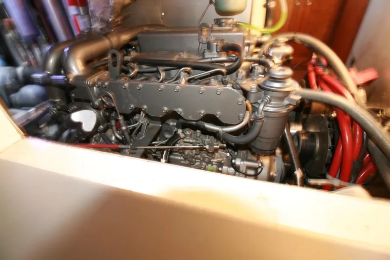 Espresso Yacht Photos Pics Engine compartment of a 2019 Custom Southwell Sovereign 51, showcasing intricate mechanical components.
