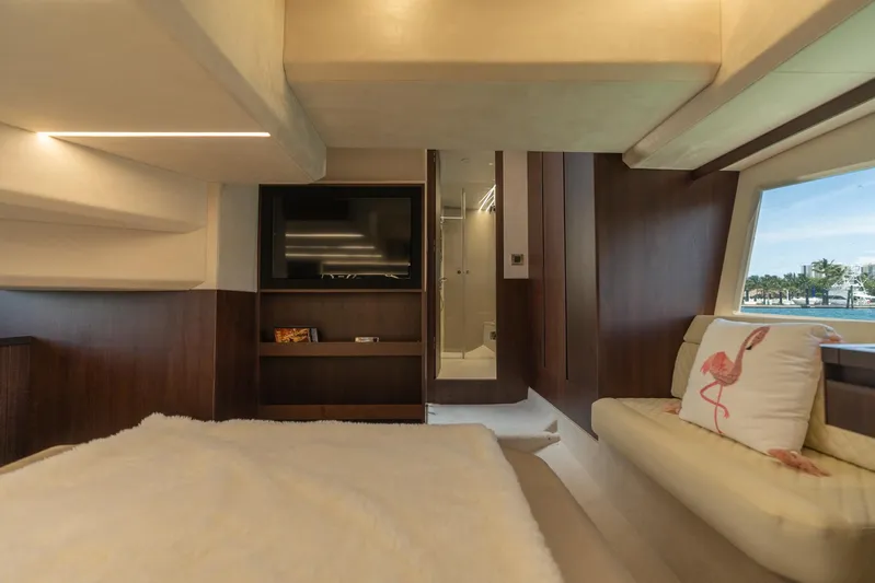  Yacht Photos Pics Luxurious interior of 2022 Galeon 425 HTS yacht with modern furnishings and large window view.