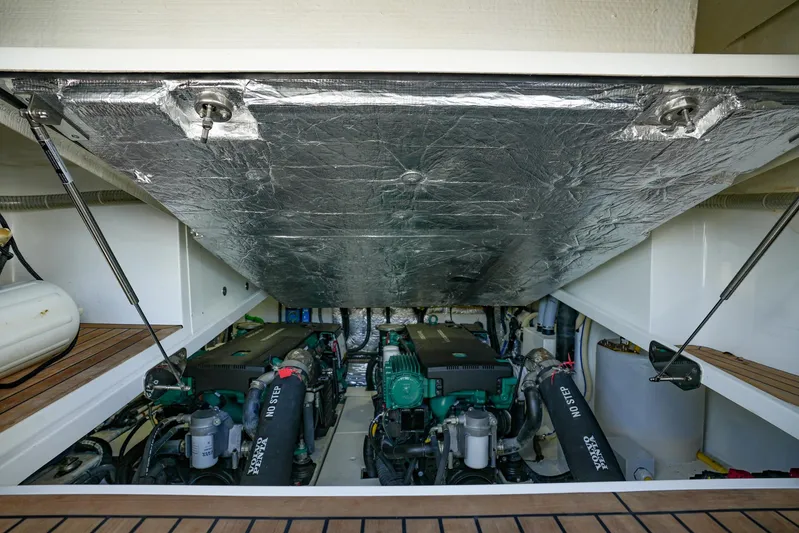  Yacht Photos Pics Engine compartment of 2022 Galeon 425 HTS yacht, showcasing dual engines and insulation.