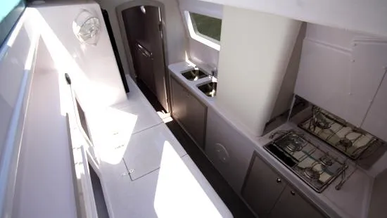 Pepper Love Yacht Photos Pics Interior of 2020 Seawind 1190 Sport catamaran kitchen with modern appliances.