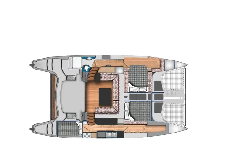 Pepper Love Yacht Photos Pics Floor plan of 2020 Seawind 1190 Sport catamaran, showcasing interior layout and amenities.