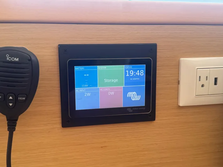 Serenity Yacht Photos Pics Control panel on a 2016 Lagoon 400 S2 yacht, displaying battery and system status.