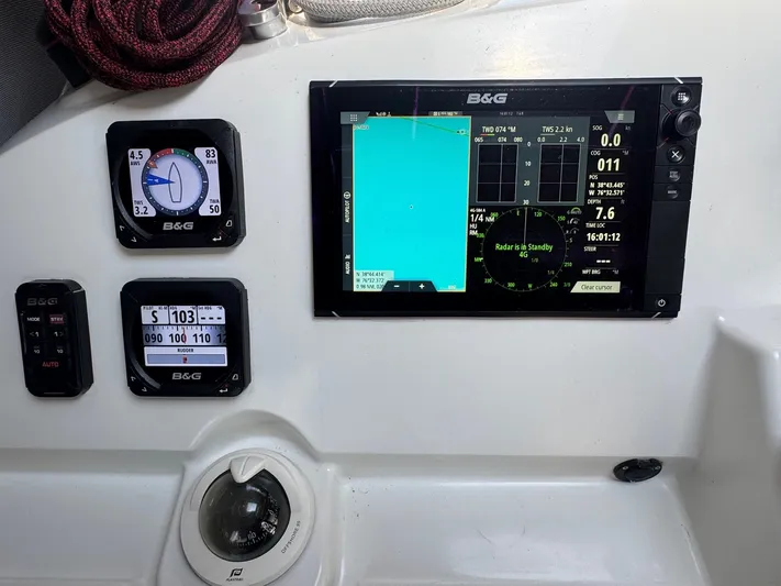 Serenity Yacht Photos Pics Navigation instruments on a 2016 Lagoon 400 S2 catamaran, featuring B&G displays and controls.