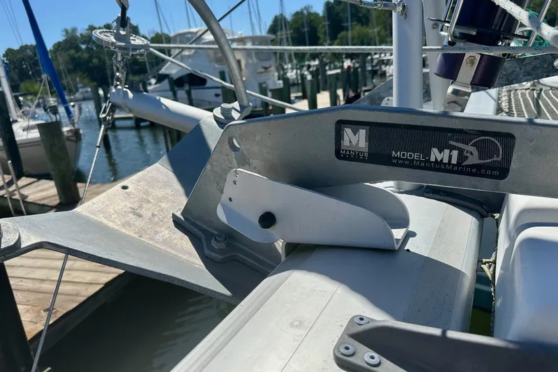 Serenity Yacht Photos Pics Close-up of Mantus M1 anchor on 2016 Lagoon 400 S2 catamaran at marina.