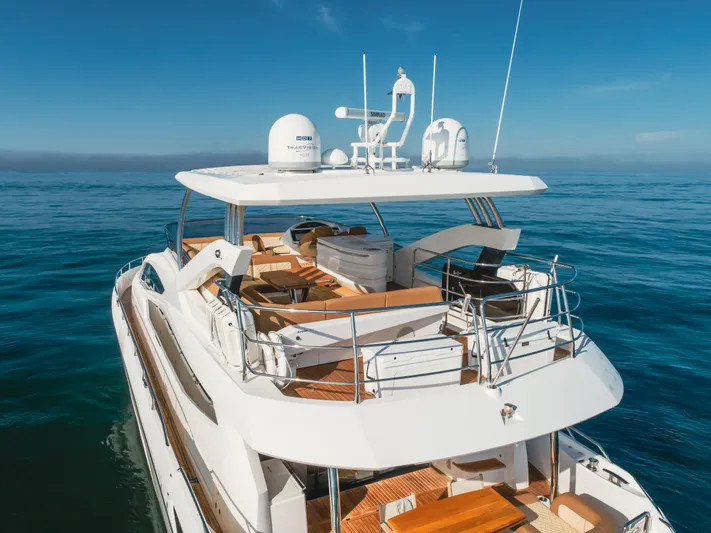 Agua Rancho Yacht Photos Pics Luxurious 2017 Sunseeker 75 Yacht cruising on open sea under clear blue sky.