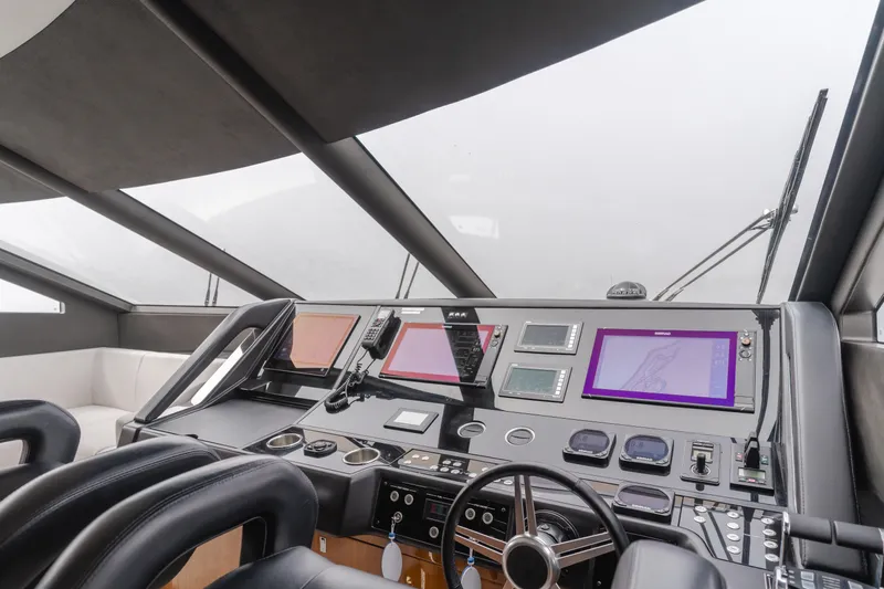 Agua Rancho Yacht Photos Pics Control panel of a 2017 Sunseeker 75 Yacht with modern navigation equipment.
