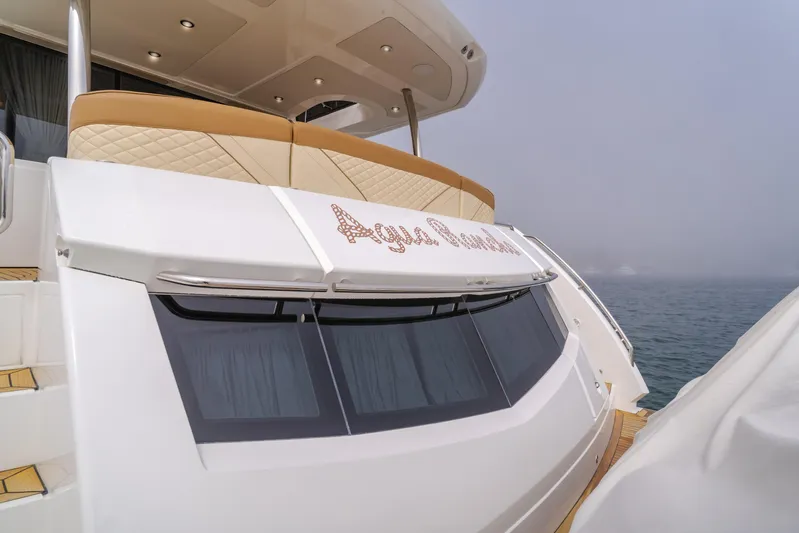 Agua Rancho Yacht Photos Pics 2017 Sunseeker 75 Yacht with elegant design, docked on calm waters.