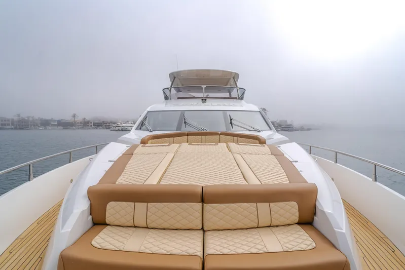 Agua Rancho Yacht Photos Pics 2017 Sunseeker 75 Yacht with luxurious deck seating on a foggy day.