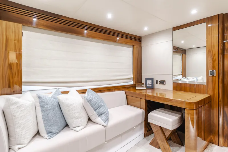 Agua Rancho Yacht Photos Pics Luxurious interior of 2017 Sunseeker 75 Yacht with elegant seating and wooden accents.