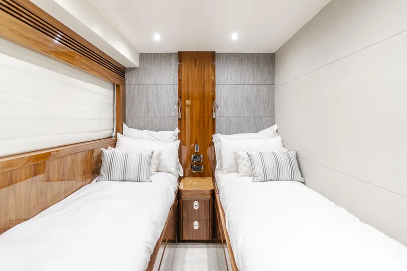 Agua Rancho Yacht Photos Pics Luxurious twin cabin interior of 2017 Sunseeker 75 Yacht with modern design.