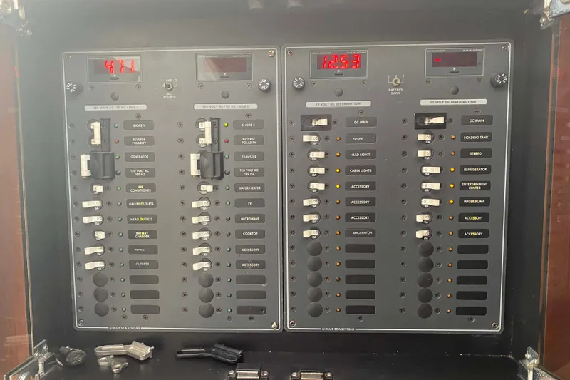 Flying Norseman II Yacht Photos Pics Electrical control panel on a 2007 Fountain 38 Sportfish Cruiser OB boat.