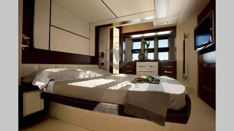  Yacht Photos Pics Luxurious bedroom interior of 2011 Azimut 72S yacht with modern design and elegant furnishings.