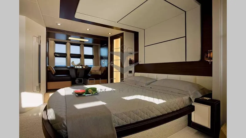  Yacht Photos Pics Luxurious bedroom interior of 2011 Azimut 72S yacht with modern design and elegant furnishings.