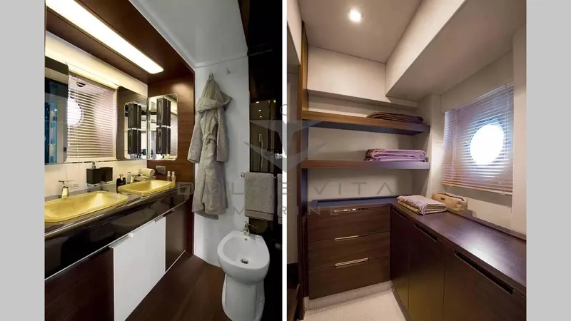  Yacht Photos Pics Luxurious bathroom and storage area in 2011 Azimut 72S yacht, featuring modern design and amenities.
