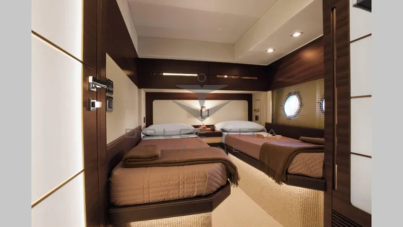  Yacht Photos Pics Luxurious cabin interior of 2011 Azimut 72S yacht with twin beds and modern decor.