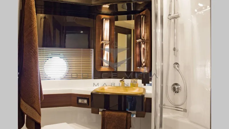  Yacht Photos Pics Luxurious bathroom interior of 2011 Azimut 72S yacht with modern fixtures and elegant design.