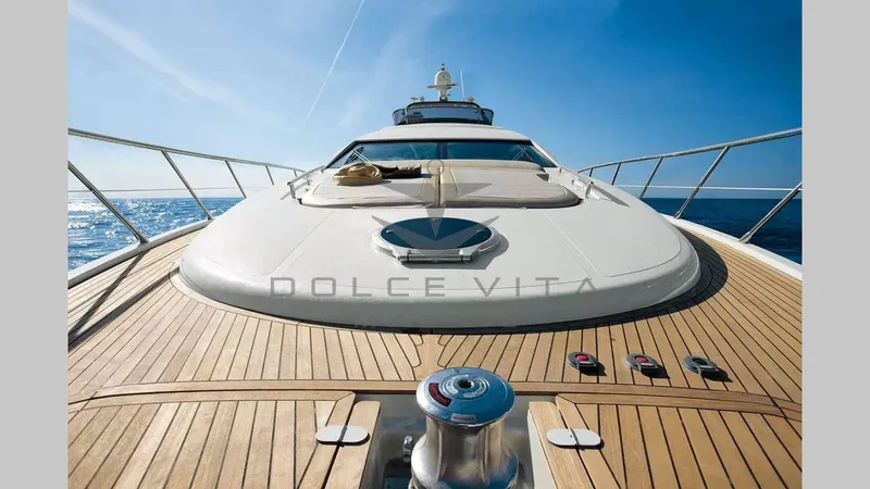  Yacht Photos Pics Luxurious 2011 Azimut 72S yacht deck with ocean view and clear blue sky.