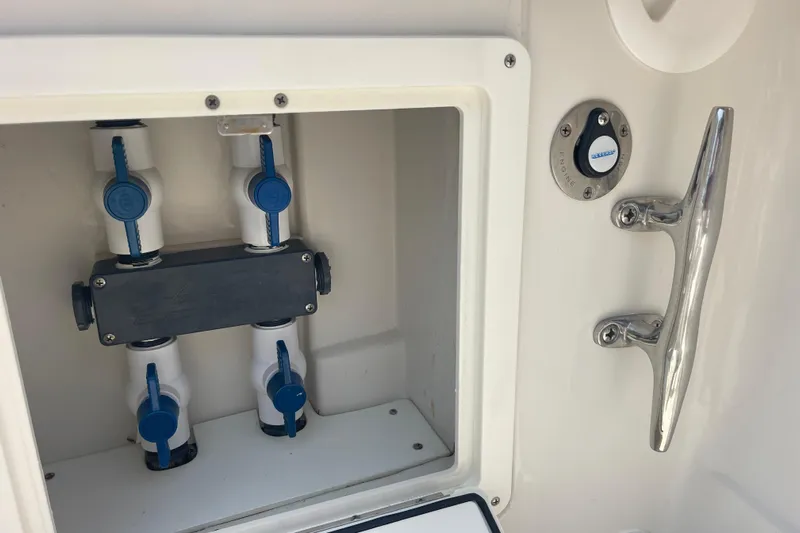  Yacht Photos Pics Boat plumbing system on a 2020 Jupiter 38, featuring valves and controls.