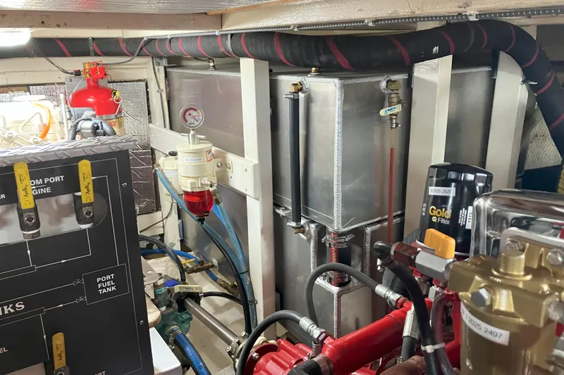  Yacht Photos Pics Engine room of 1990 Grand Banks 36 Classic with fuel tanks and filtration system.