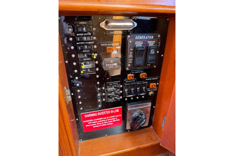 Yacht Photos Pics Electrical control panel on a 1990 Grand Banks 36 Classic boat.