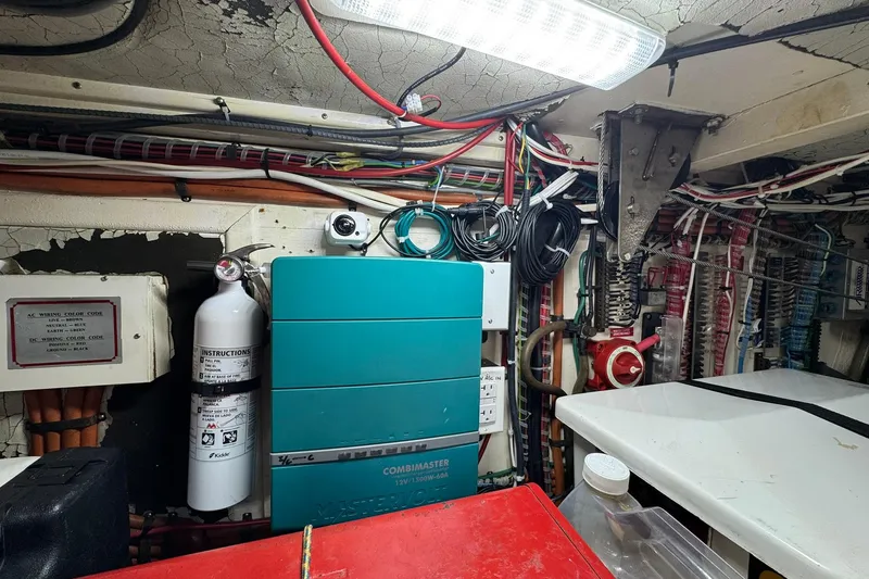  Yacht Photos Pics Engine room of 1990 Grand Banks 36 Classic with wiring and equipment.